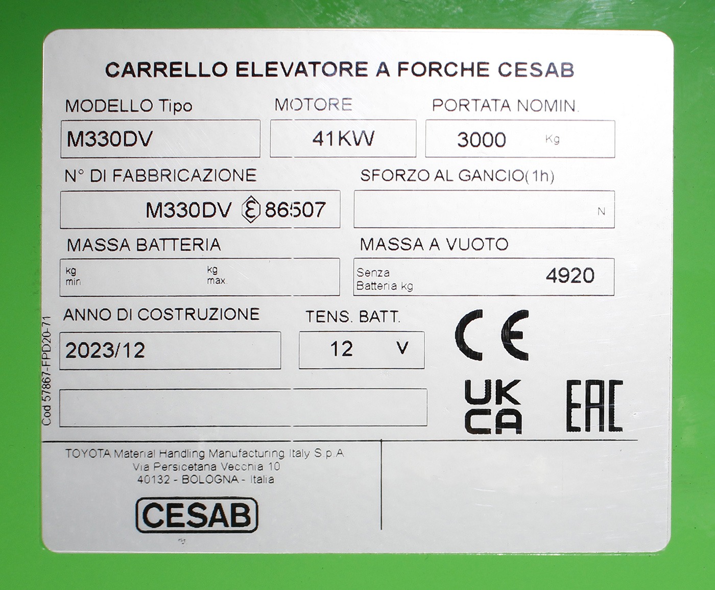 Carrello Elevatore frontale targa